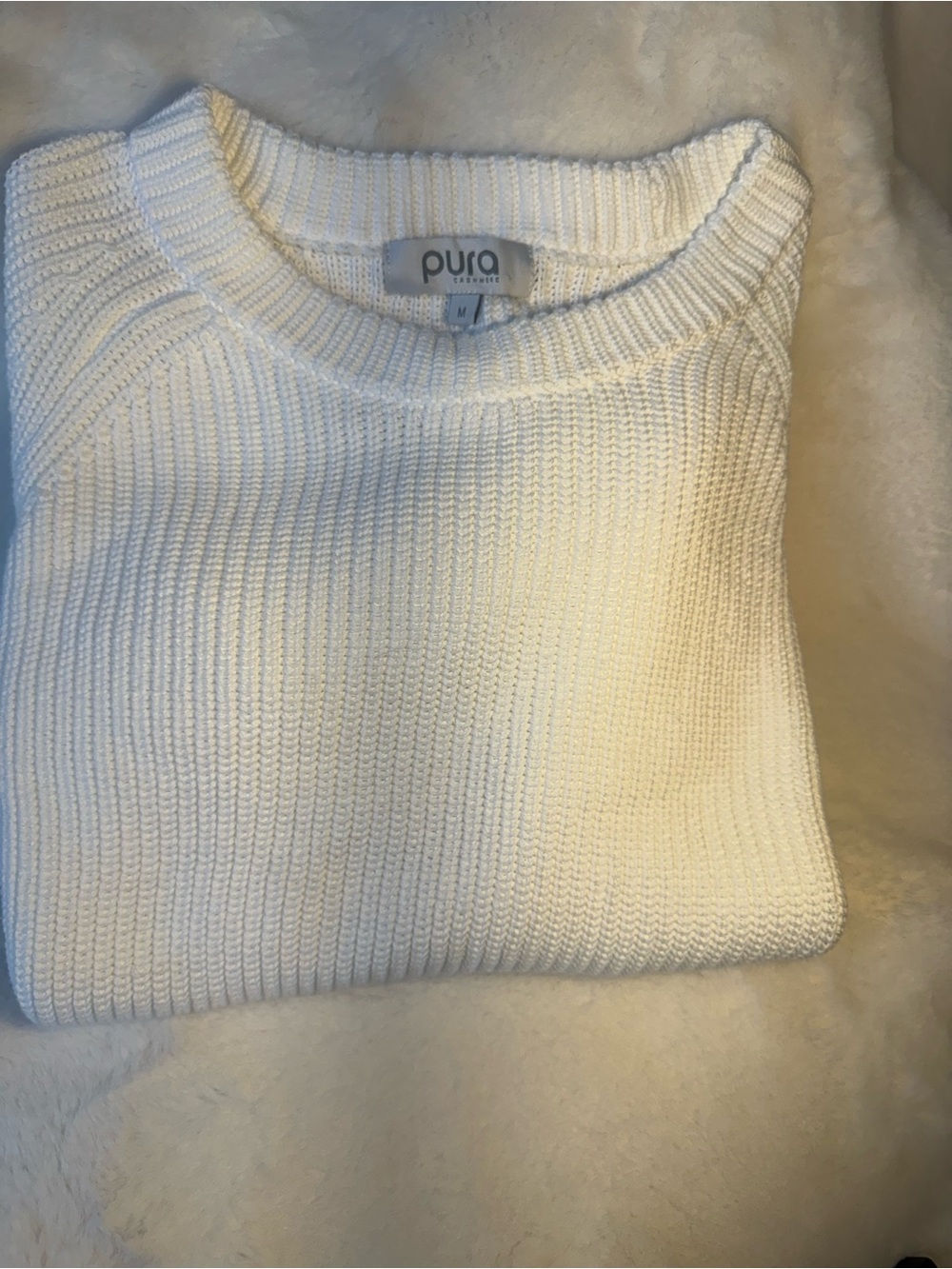 Pura Cashmere White Fisherman’s Ribbed 100% Supimo Cotton Knit Sweater size M